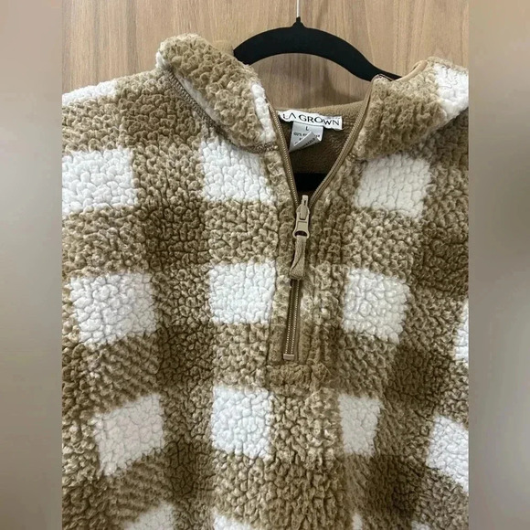 Fuzzy Warm Brown Cream Checkered 1/4 Zip LA Grown Hoodie Sweater Size Large SOFT - Picture 2 of 7